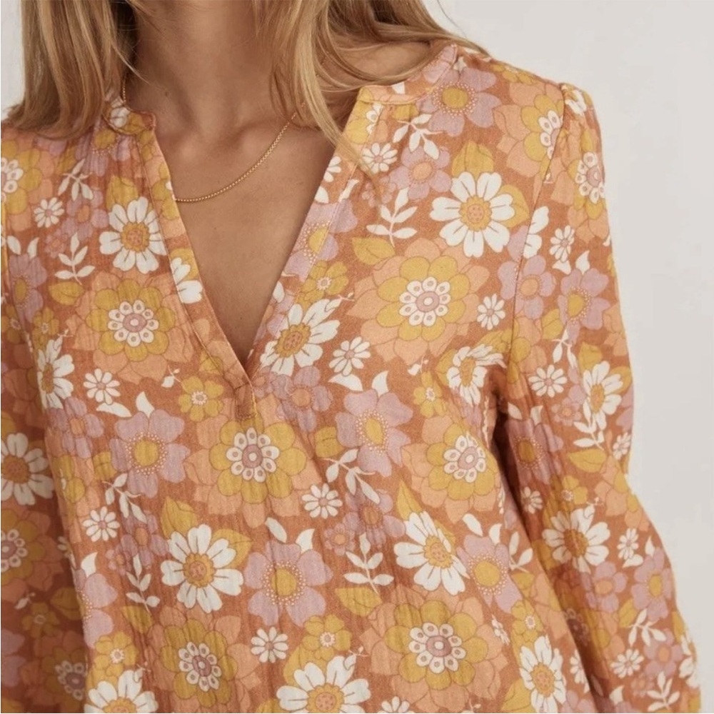 MARINE LAYER Women's Jamie Multi Floral Print Long Sleeve Split neck top Medium - Picture 7 of 10